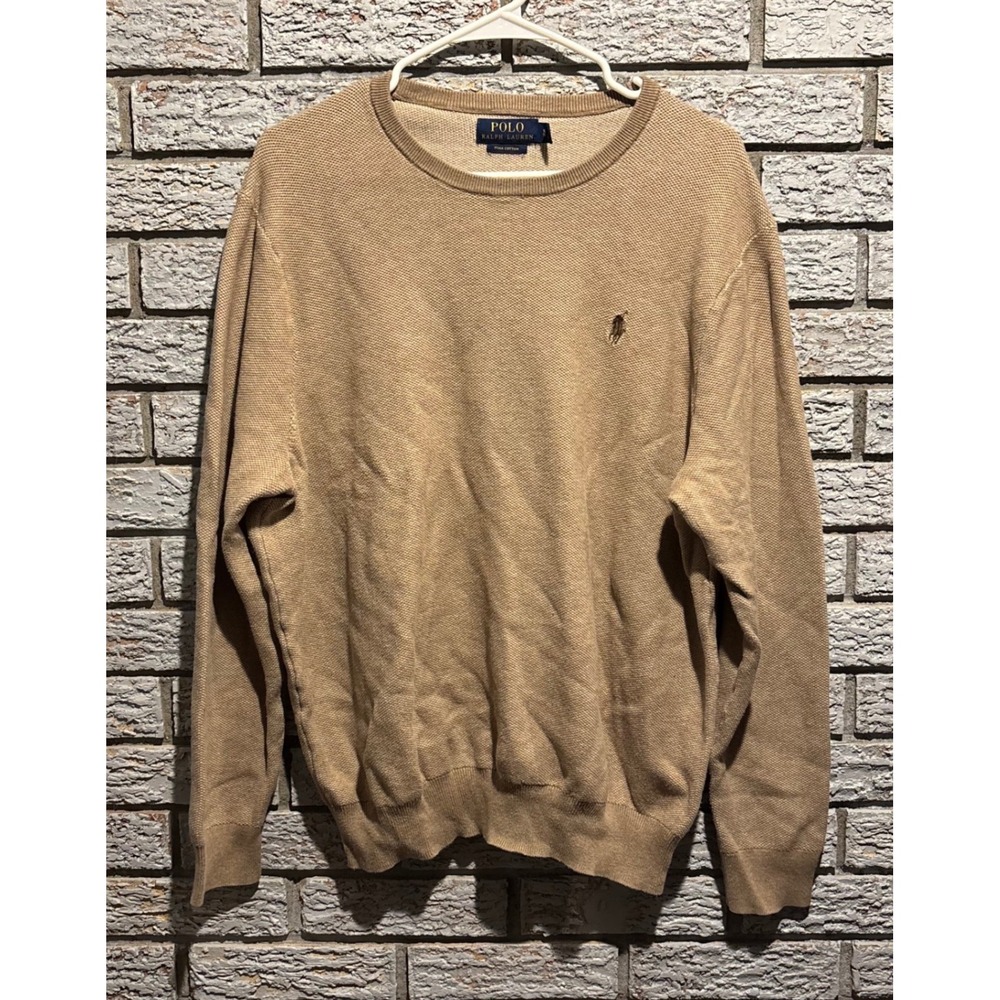 Polo Ralph Lauren Mens XL Pima Cotton Crewneck Sweater Tan Beige Knit Pony Logo